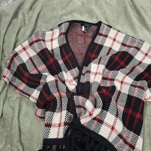 Plaid Open-Front Poncho - Red and Black